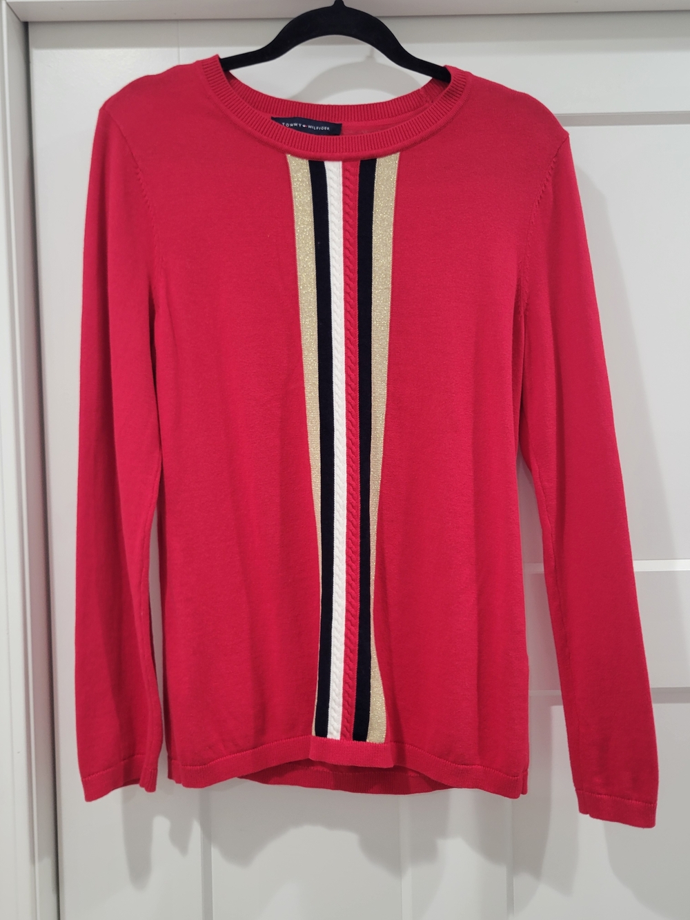 Tommy Hilfiger Red Knit Crewneck with Metallic and Tricolor Stripe Sz Med Cozy
